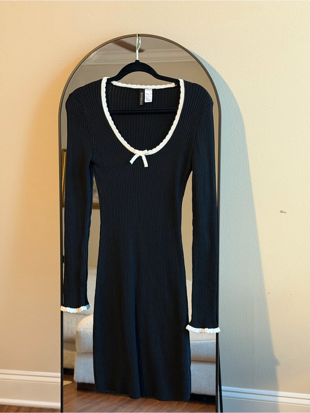 Divided Black Long Sleeve Ribbed Dress with White Trim